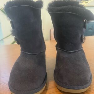 Classic Women's Black Suede Shearling Button Booties made by Pegia Australia